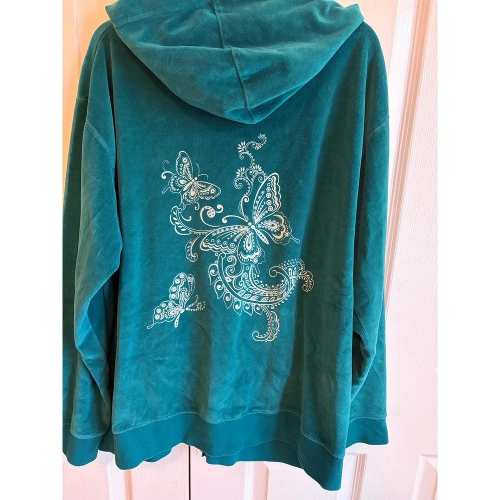 Beaux Art Teal Velour Butterfly Paisley Zip Up Hoodie Sweatshirt Large